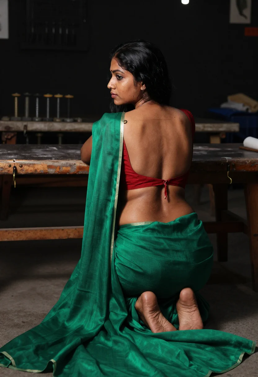 AI blouse tailor sample — portrait of an adult woman, South-Asian, with warm wheatish skin, at a tailor's bench