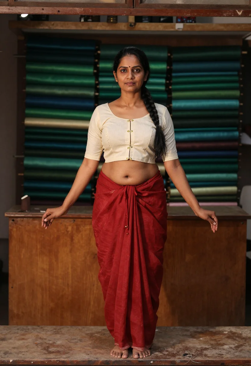 AI blouse tailor sample — portrait of an adult woman, South-Asian, with warm wheatish skin, at a tailor's bench