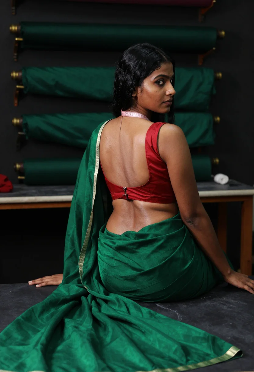 AI blouse tailor sample — portrait of an adult woman, South-Asian, with warm wheatish skin, at a tailor's bench