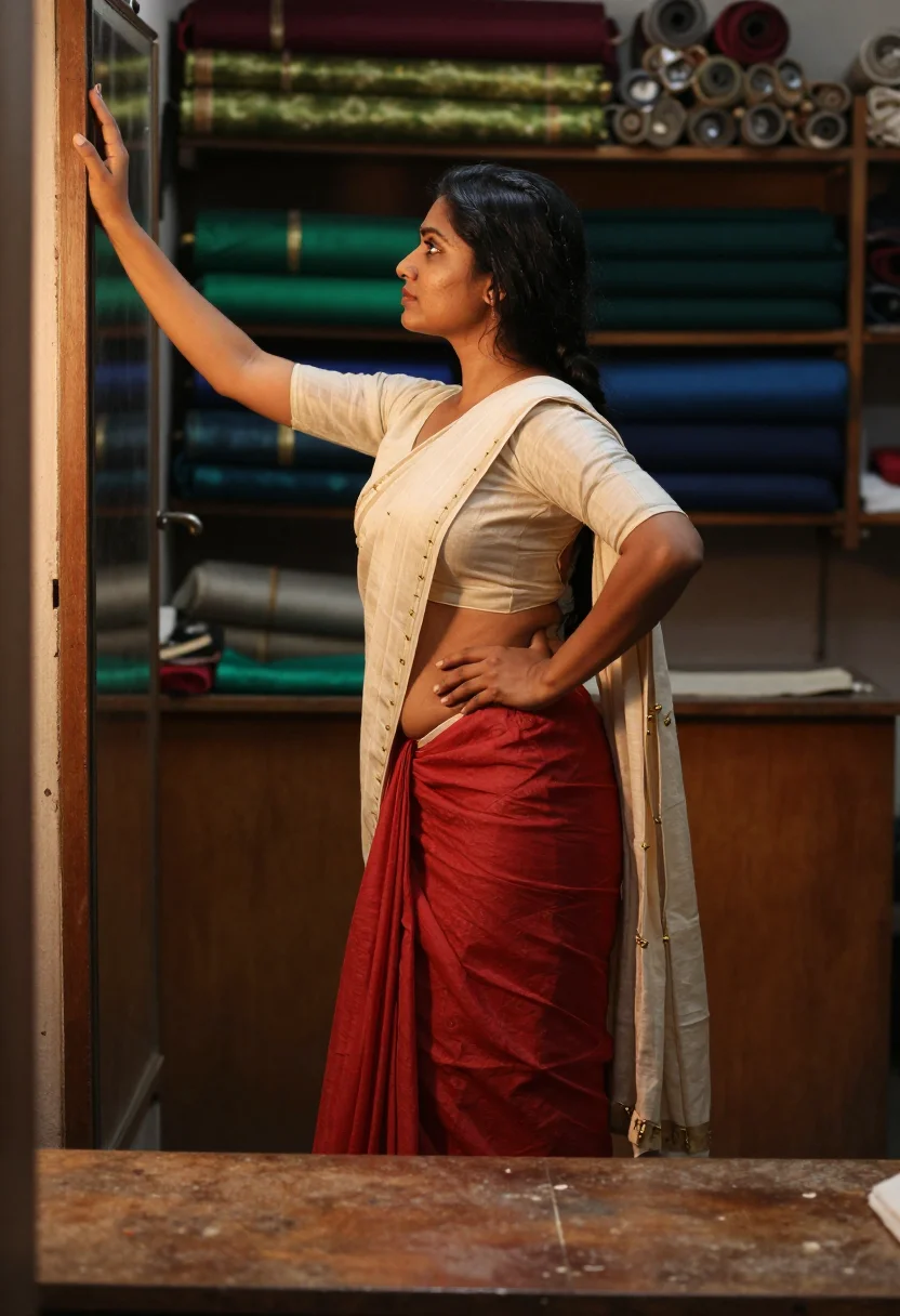 AI blouse tailor sample — portrait of an adult woman, South-Asian, with warm wheatish skin, at a tailor's bench