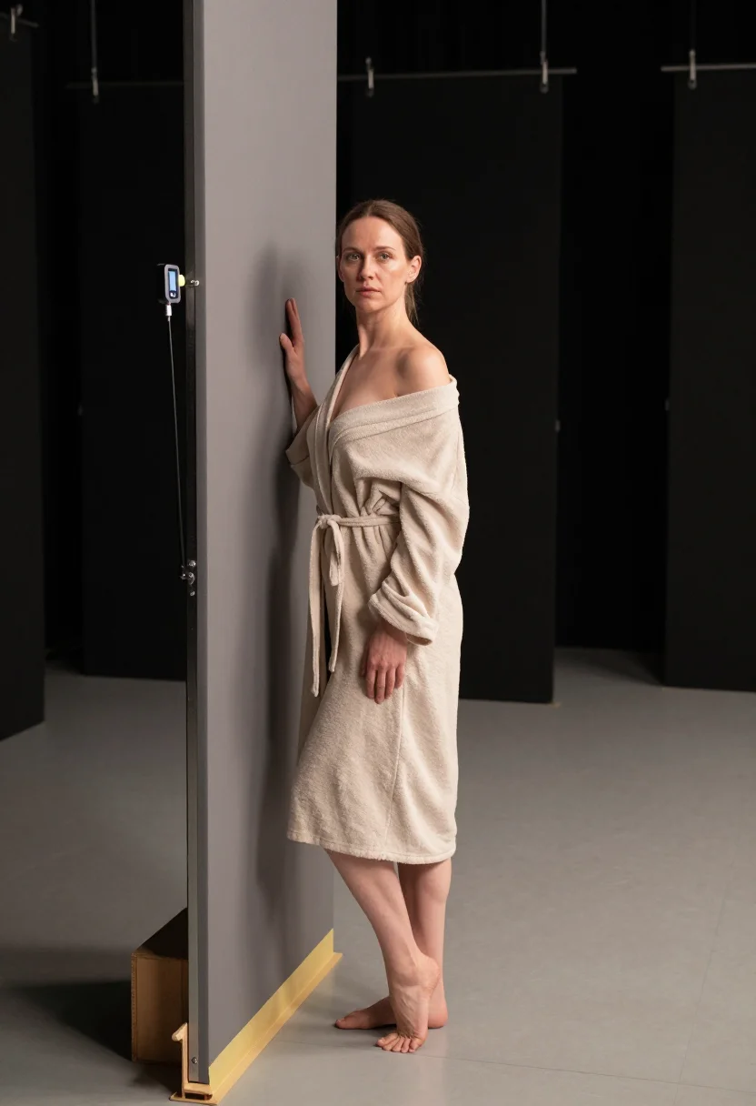 AI body double sample — portrait of a woman, an adult woman with fair rose-pale skin, standing at the mark beside the apple box