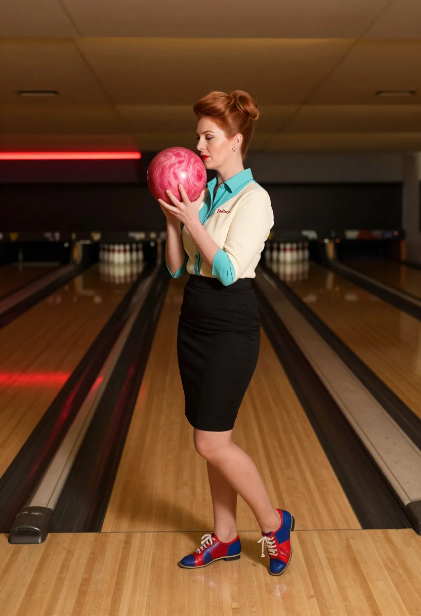 AI bowling alley sample — portrait of a woman, full-length profile view at the ball return