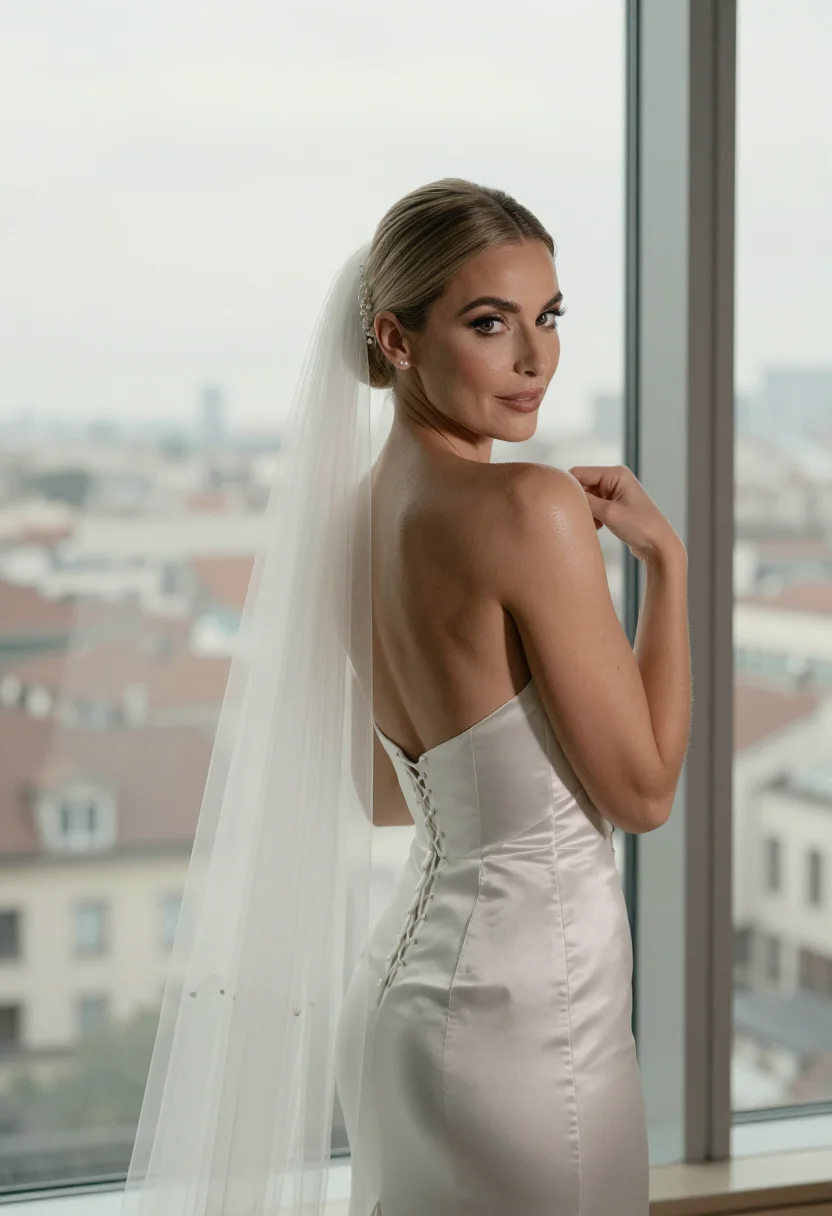 AI bridal corset sample — portrait of a woman, an adult Italian woman with golden skin in the morning light