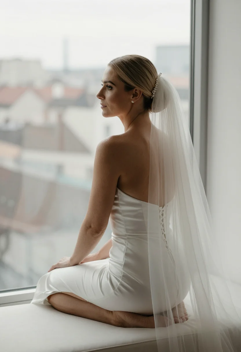 AI bridal corset sample — portrait of a woman, an adult Italian woman with golden skin seated on the white bed