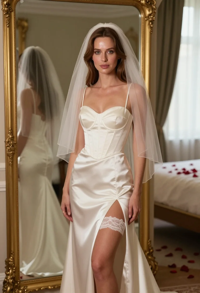 AI bridal sample — portrait of an adult woman, standing three-quarter to the lens before a tall mirror in a white gown