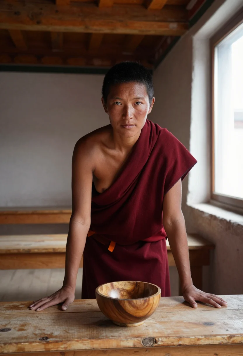 AI buddhist nun robe sample — portrait of an adult woman, three-quarter-length portrait of