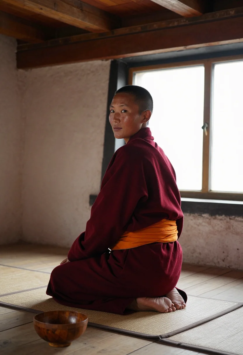 AI buddhist nun robe sample — portrait of an adult woman, three-quarter-length rear portra