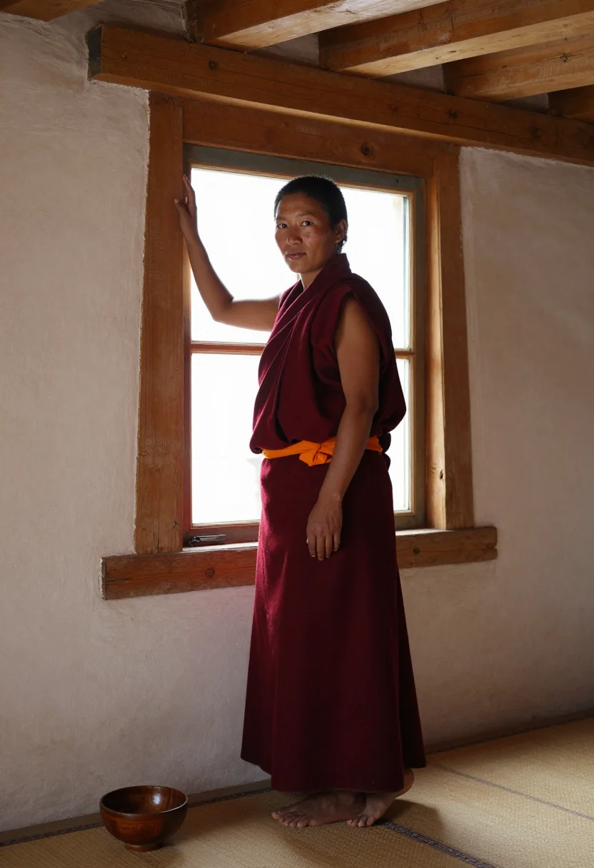 AI buddhist nun robe sample — portrait of an adult woman, three-quarter-length side-profil