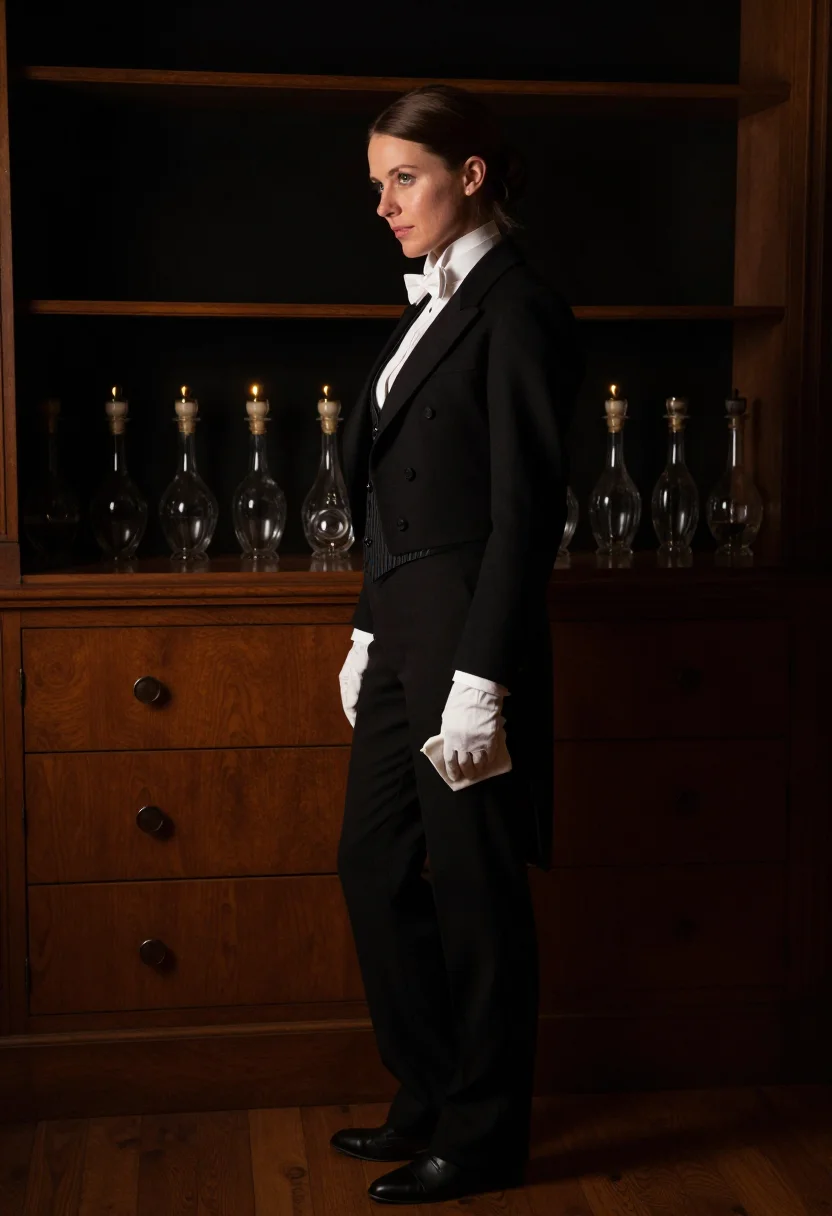 AI butler tailcoat sample — portrait of a woman, full side-profile photograph of a Weste