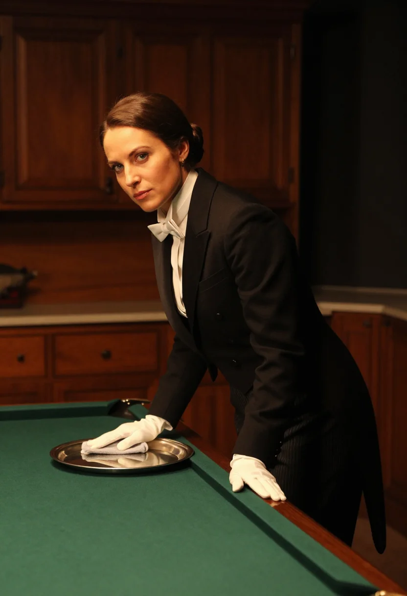 AI butler tailcoat sample — portrait of a woman, three-quarter rear photograph of a West