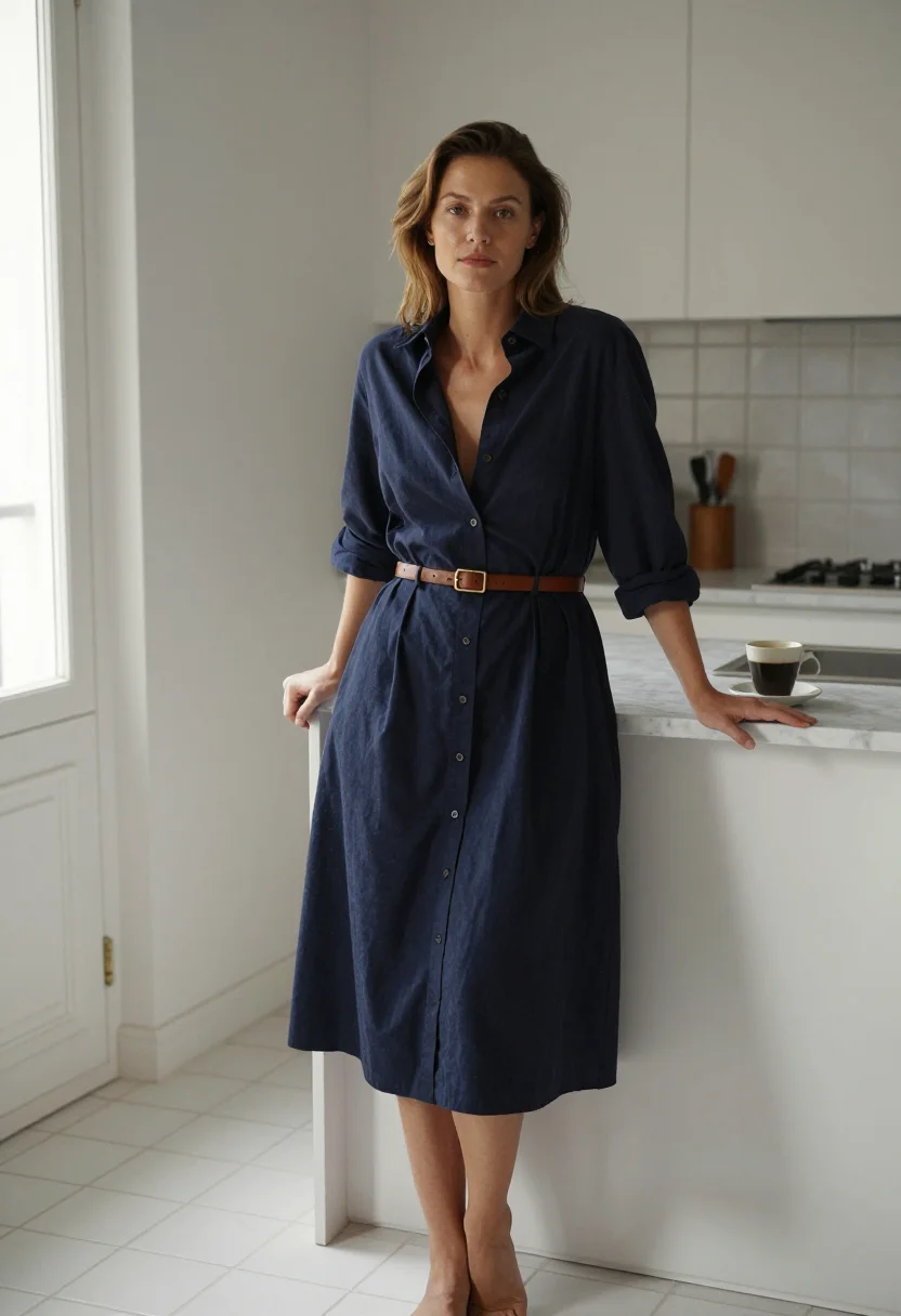 AI button through sample — portrait of a woman, an adult French woman with warm honey skin, at the kitchen counter in a navy midi dress