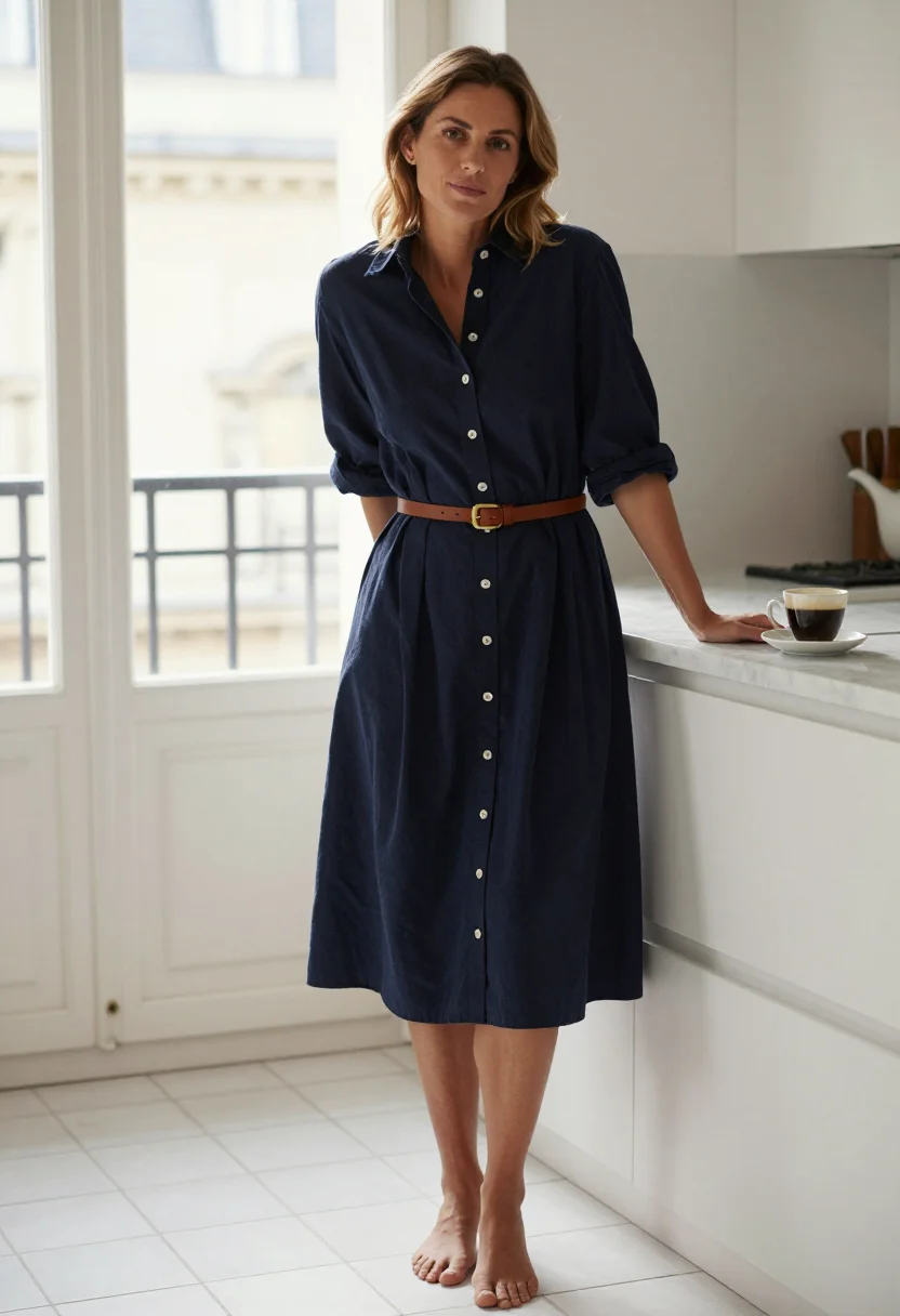 AI button through sample — portrait of a woman, an adult French woman with warm honey skin, leaning on the counter with the buttons open