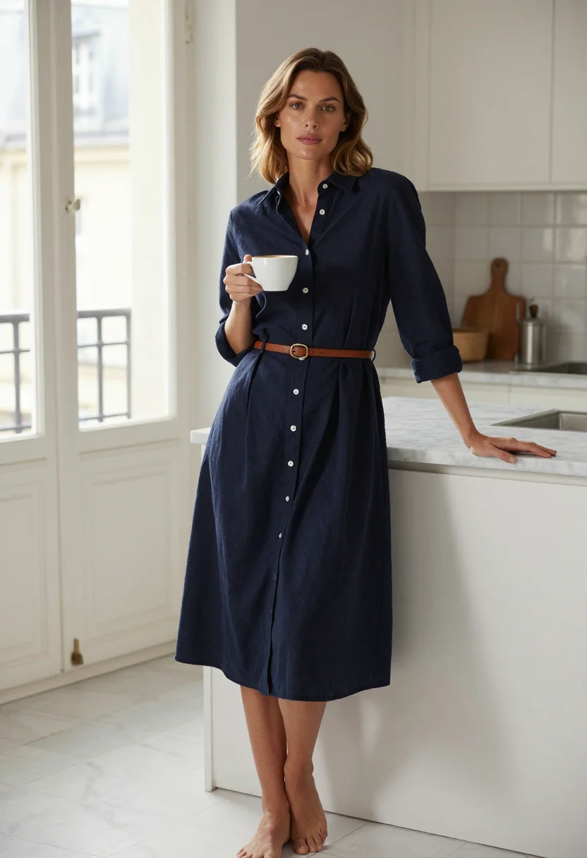 AI button through sample — portrait of a woman, an adult French woman with warm honey skin, at the counter in profile