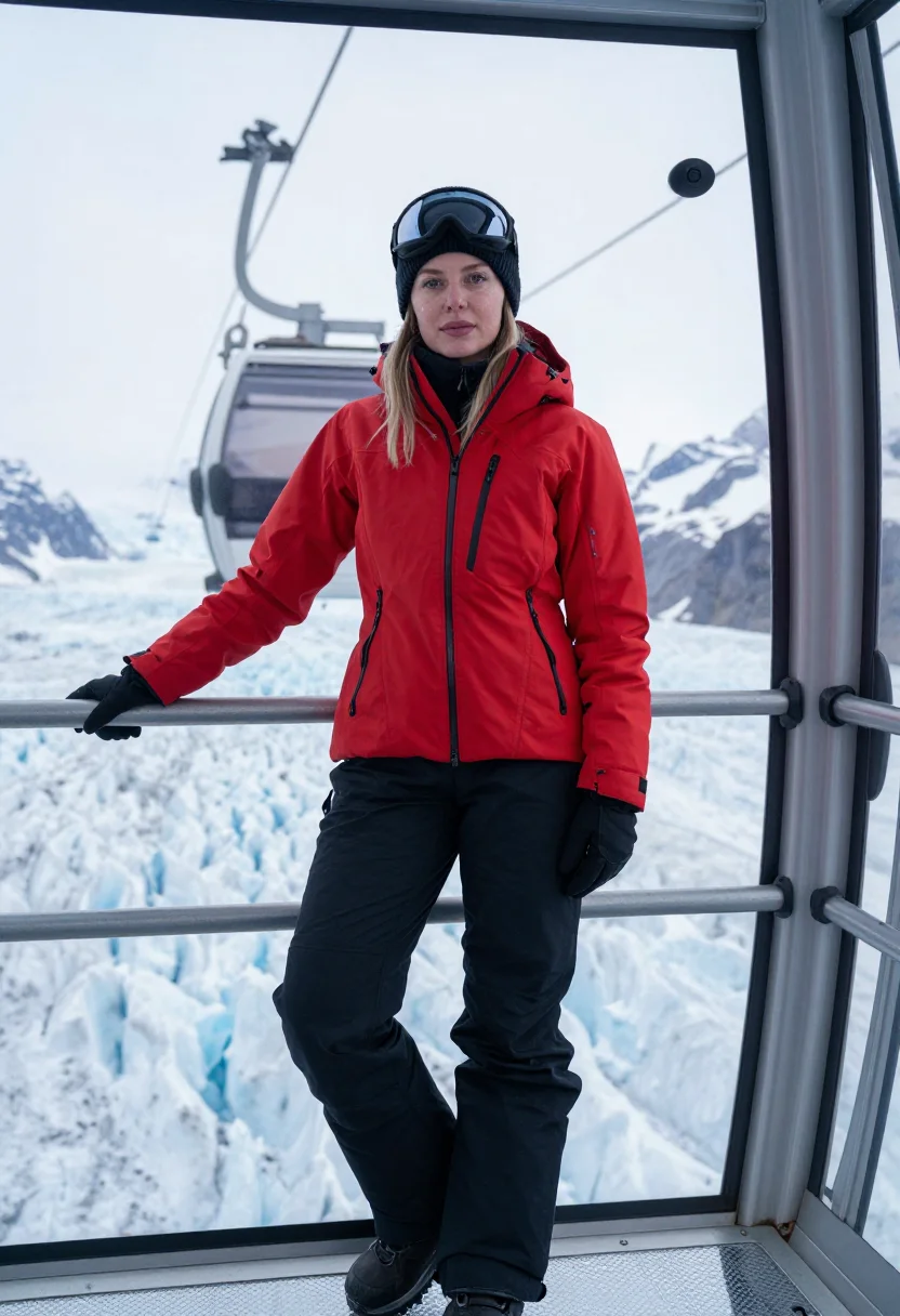 AI cable car sample — portrait of an adult woman in a glass gondola, one frame of the nine-frame set