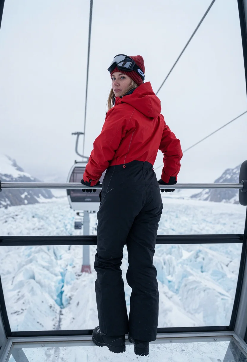 AI cable car sample — portrait of an adult woman in a glass gondola, one frame of the nine-frame set