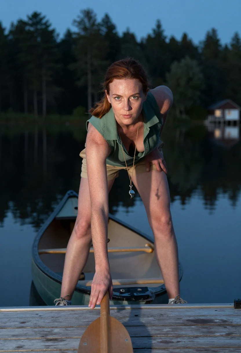 AI camp counselor sample — photograph of a grown woman, Western-European, with pale fre