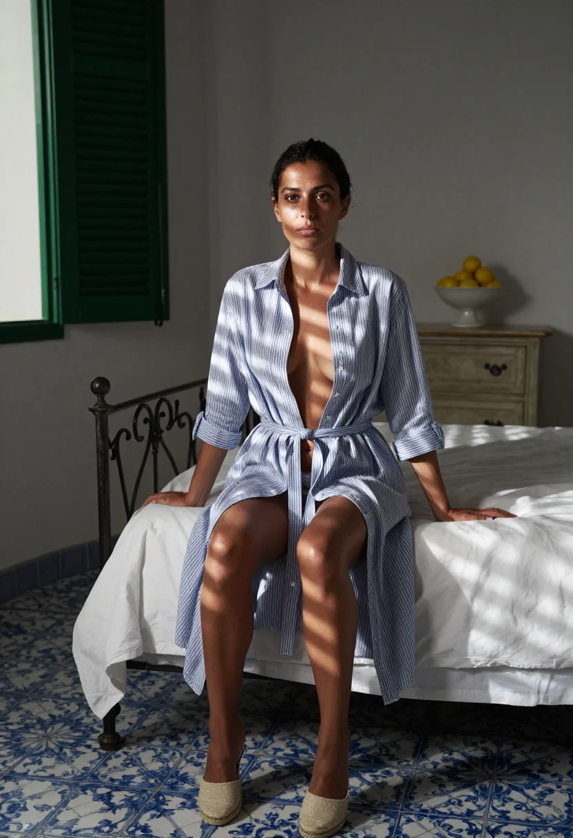 AI capri housekeeper sample — portrait of a woman, an adult Italian woman with warm olive skin in the shuttered bedroom