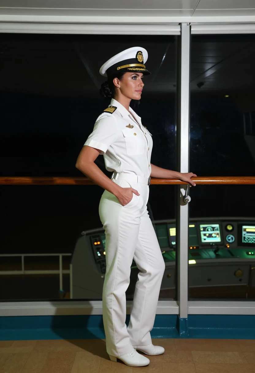 AI captain uniform sample — portrait of a woman, full-length photograph of a Western-European woman in a white tunic