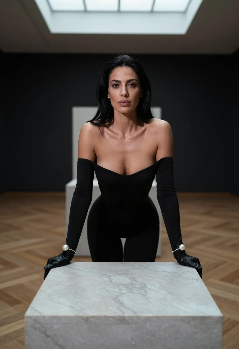 AI cat burglar sample — portrait of an adult woman, three-quarter-length portrait of a woman in the gallery light