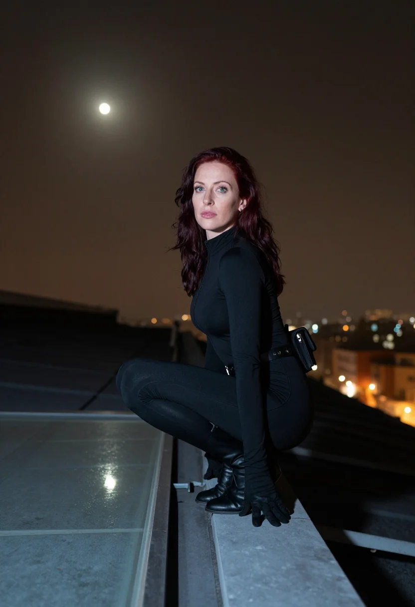 AI cat burglar sample — portrait of an adult woman, full-length portrait of an Irish woman in a black catsuit on a roof
