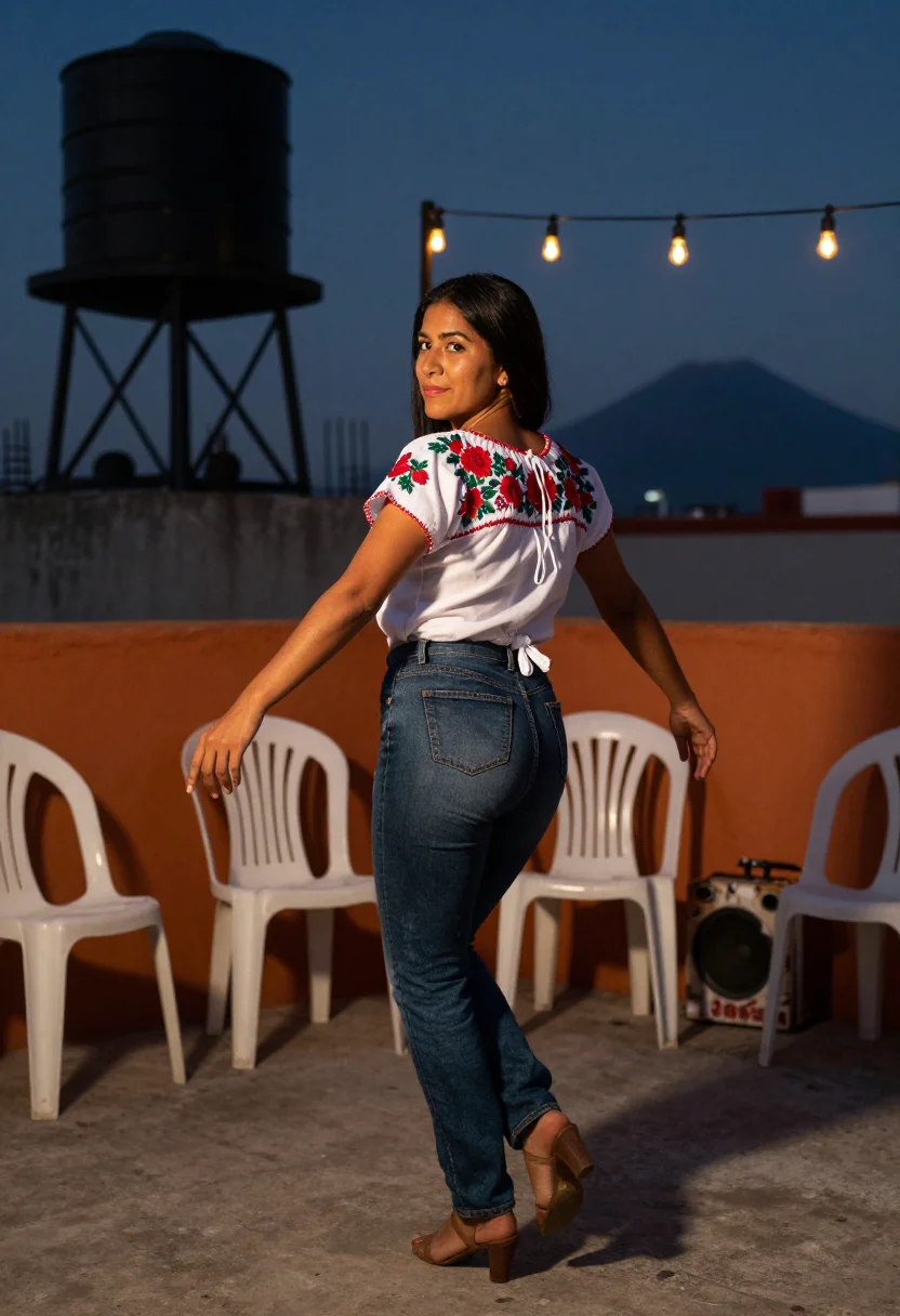AI cdmx azotea sample — portrait of a woman, three-quarter rear portrait of a Mexica