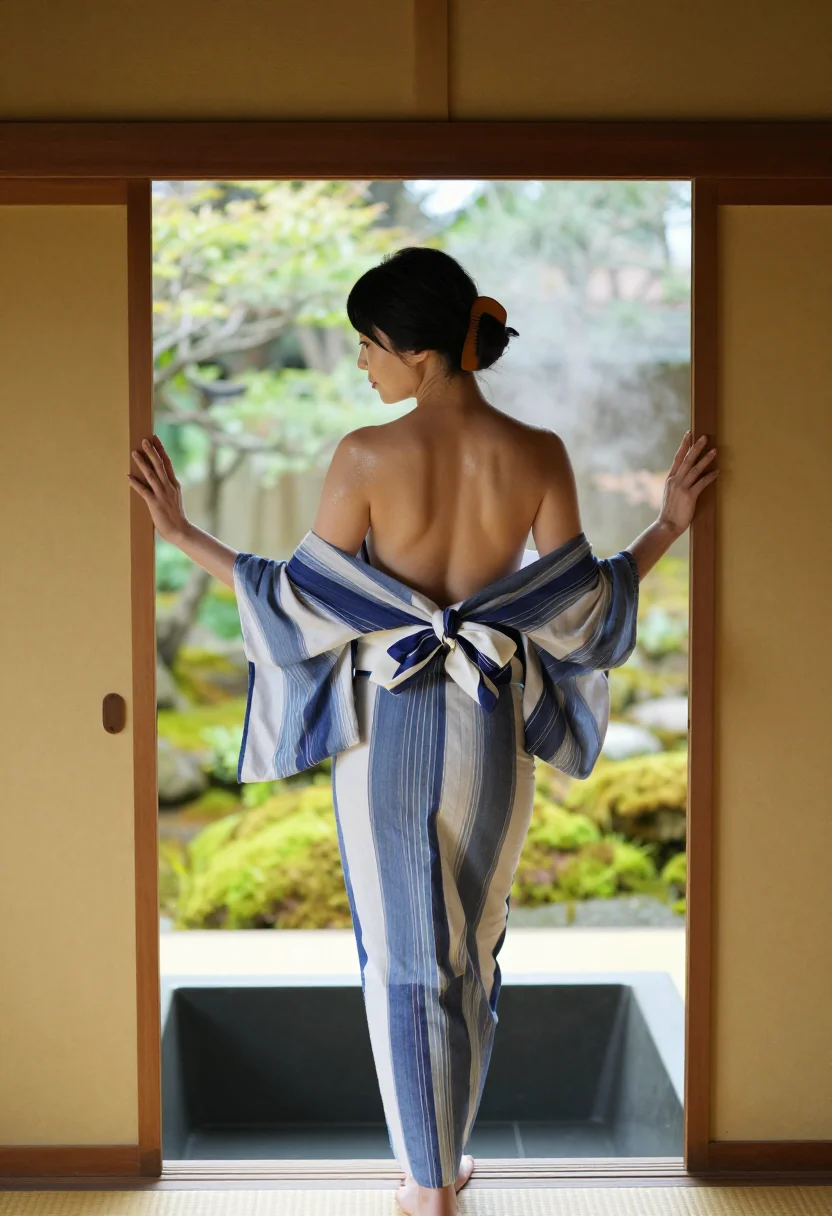 AI cedar ofuro sample — photograph of a woman, three-quarter-length rear view by the open shoji