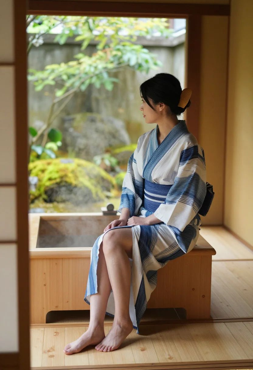 AI cedar ofuro sample — photograph of a woman, full-length side view by the cedar tub in an indigo yukata