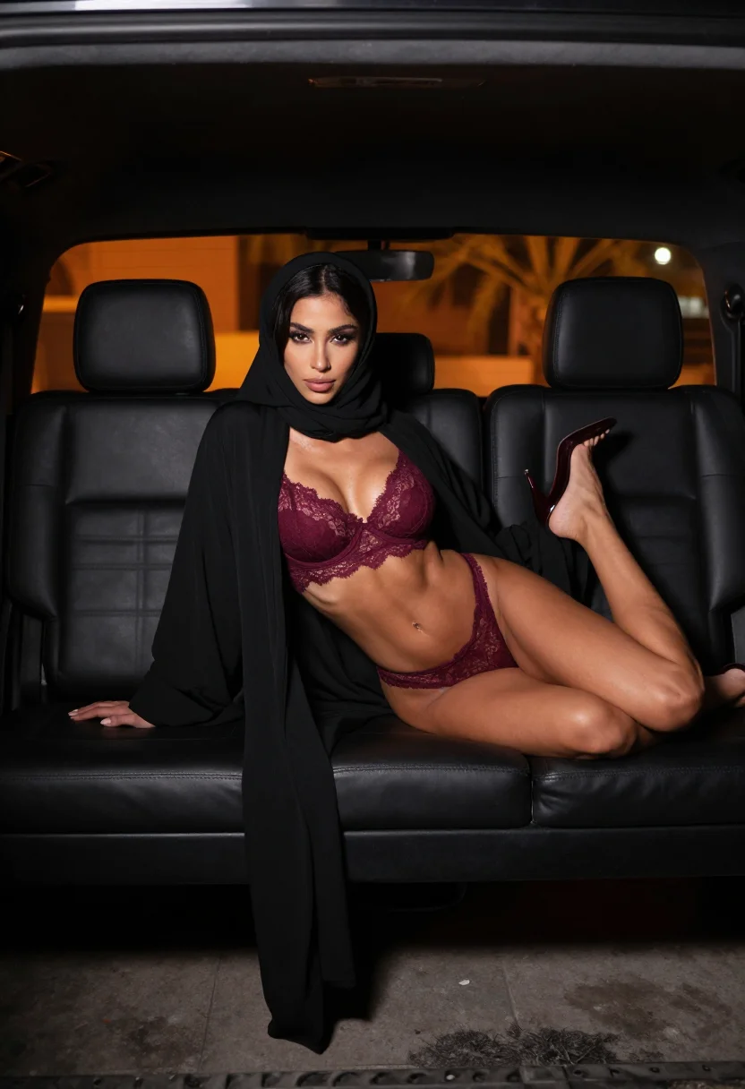 AI chauffeur backseat sample — full-length prone portrait of an adult woman, one frame of the nine-frame set