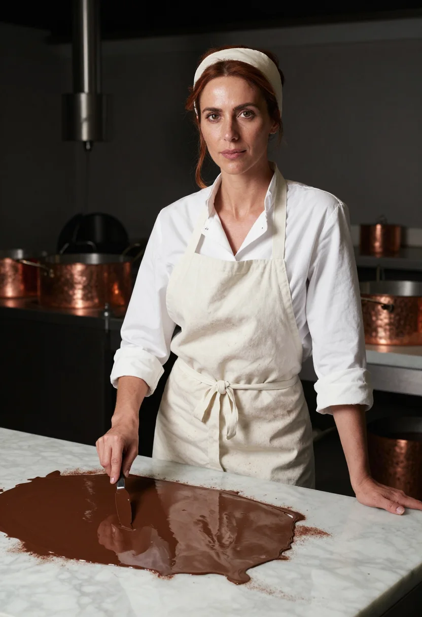 AI chocolatier sample — portrait of an adult woman with warm olive skin, in her whites at the marble slab.