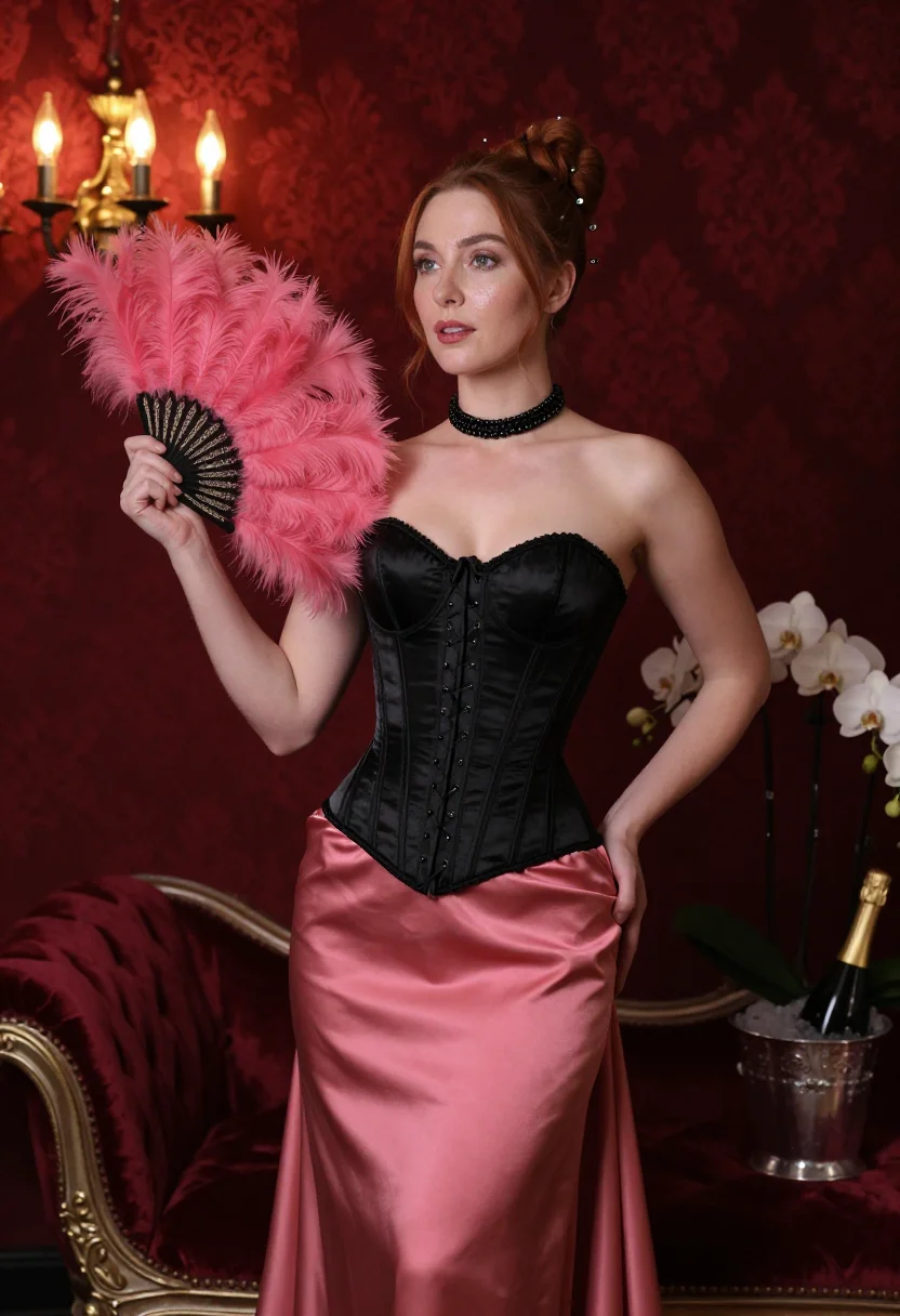 AI courtesan belle epoque sample — portrait of an adult woman, in the black silk corset in the red-damask salon