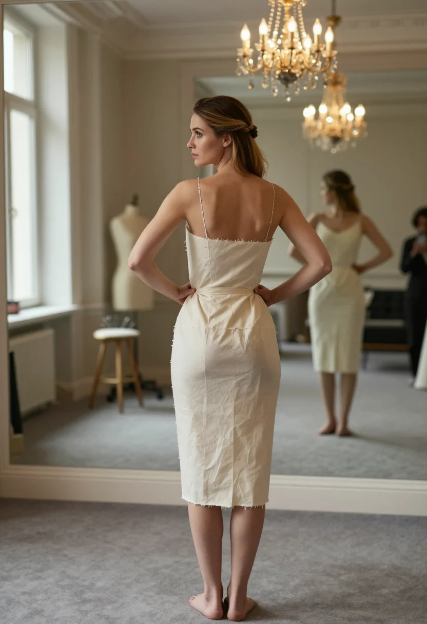 AI couture fitting sample — photograph of a grown woman, Western-European, with pale ski
