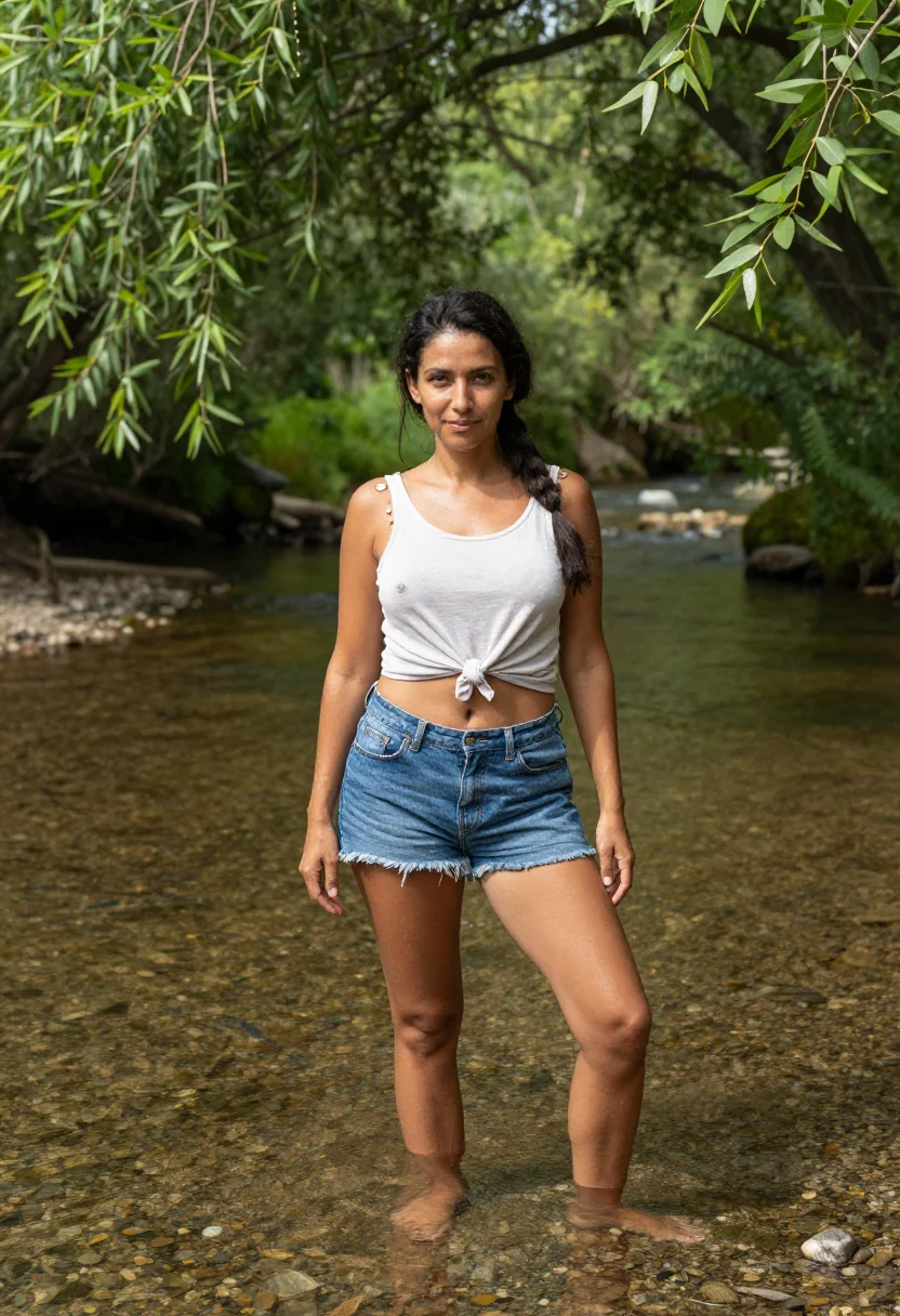 AI creek bend sample — portrait of a woman, half-length three-quarter frame of a grown adult woman wading in cutoffs and a knotted shirt