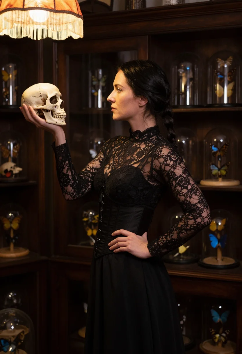 AI curiosity shop sample — portrait of an adult woman, three-quarter length side portrait by the amber lamp