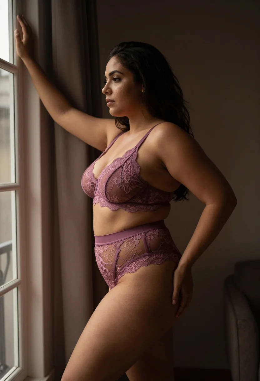 AI curvy lace sample — portrait of a woman, full side-profile frame of a full-figur