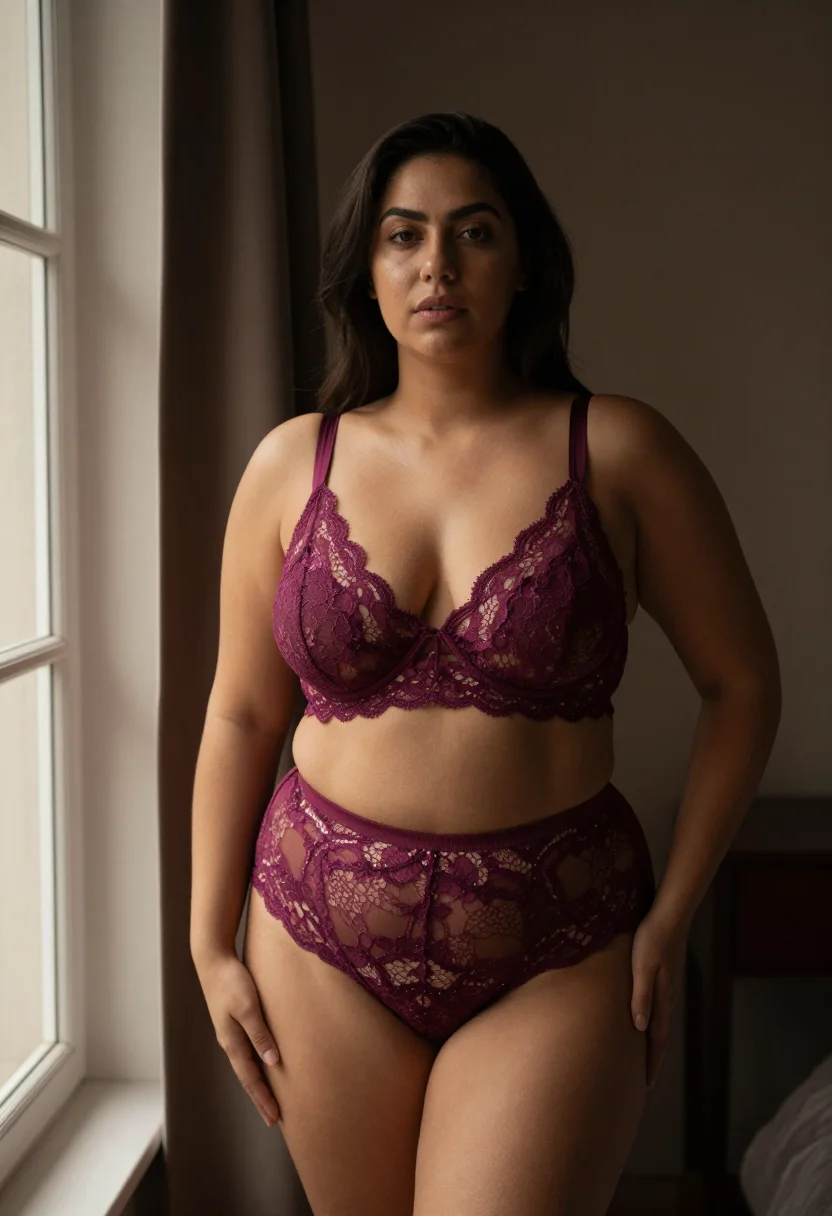 AI curvy lace sample — portrait of a woman, three-quarter standing frame of a full-