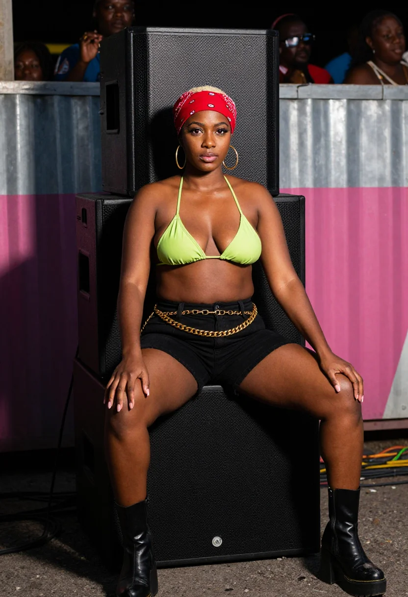 AI dancehall queen sample — photograph of a grown woman, Jamaican, with deep brown skin,