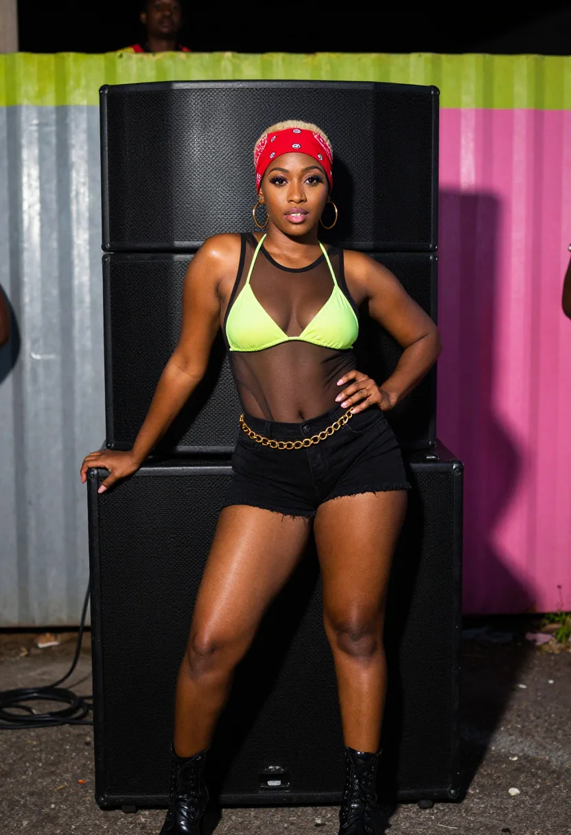 AI dancehall queen sample — photograph of a grown woman, Jamaican, with deep brown skin,
