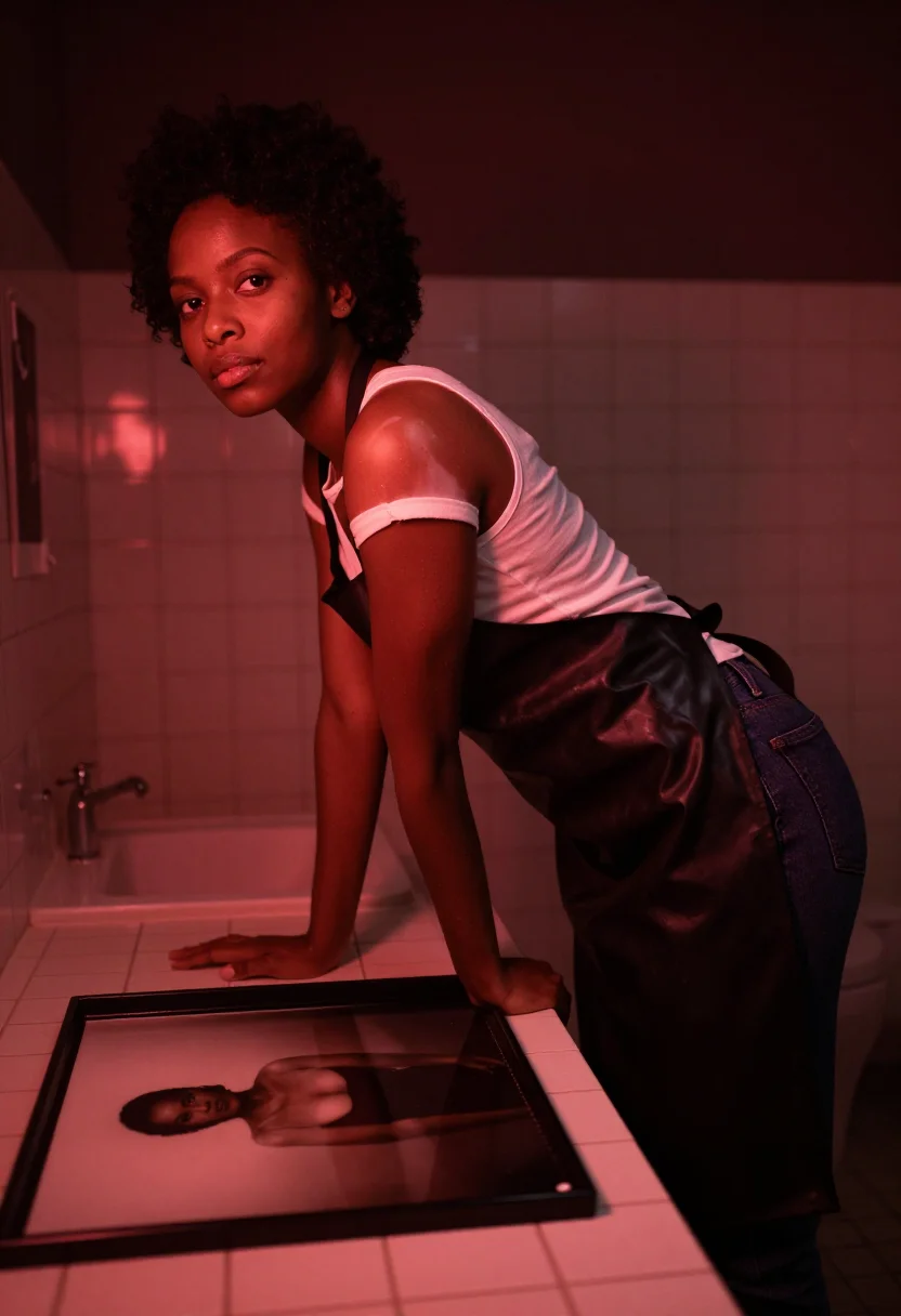 AI darkroom sample — portrait of a woman, three-quarter side view bent forward at