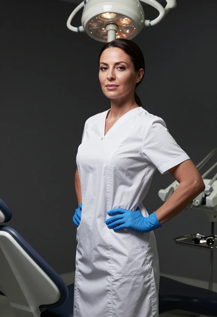 AI dental surgery sample — portrait of a woman, an adult Western-European woman by the instrument tray