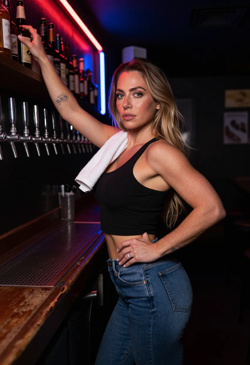 AI dive bartender sample — portrait of an adult woman, three-quarter-length portrait of an adult woman