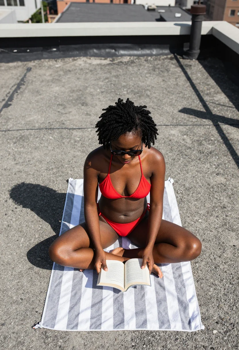 AI drone rooftop sample — photograph of a woman, overhead photograph of an adult Nigerian woman on the striped towel