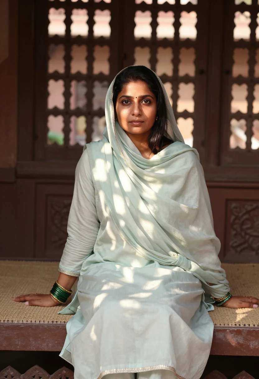AI dupatta haveli sample — portrait of a woman, three-quarter-length photograph of a Pu