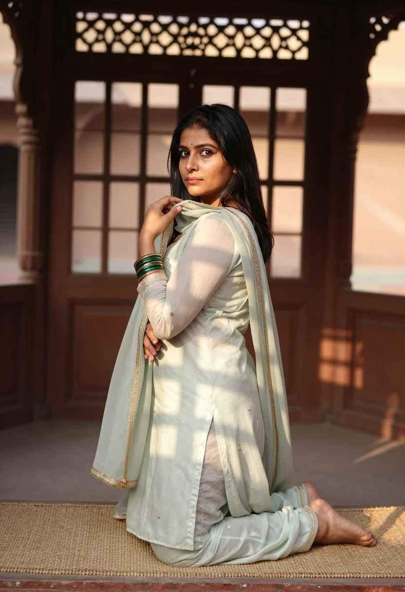 AI dupatta haveli sample — portrait of a woman, full-length rear three-quarter photogra