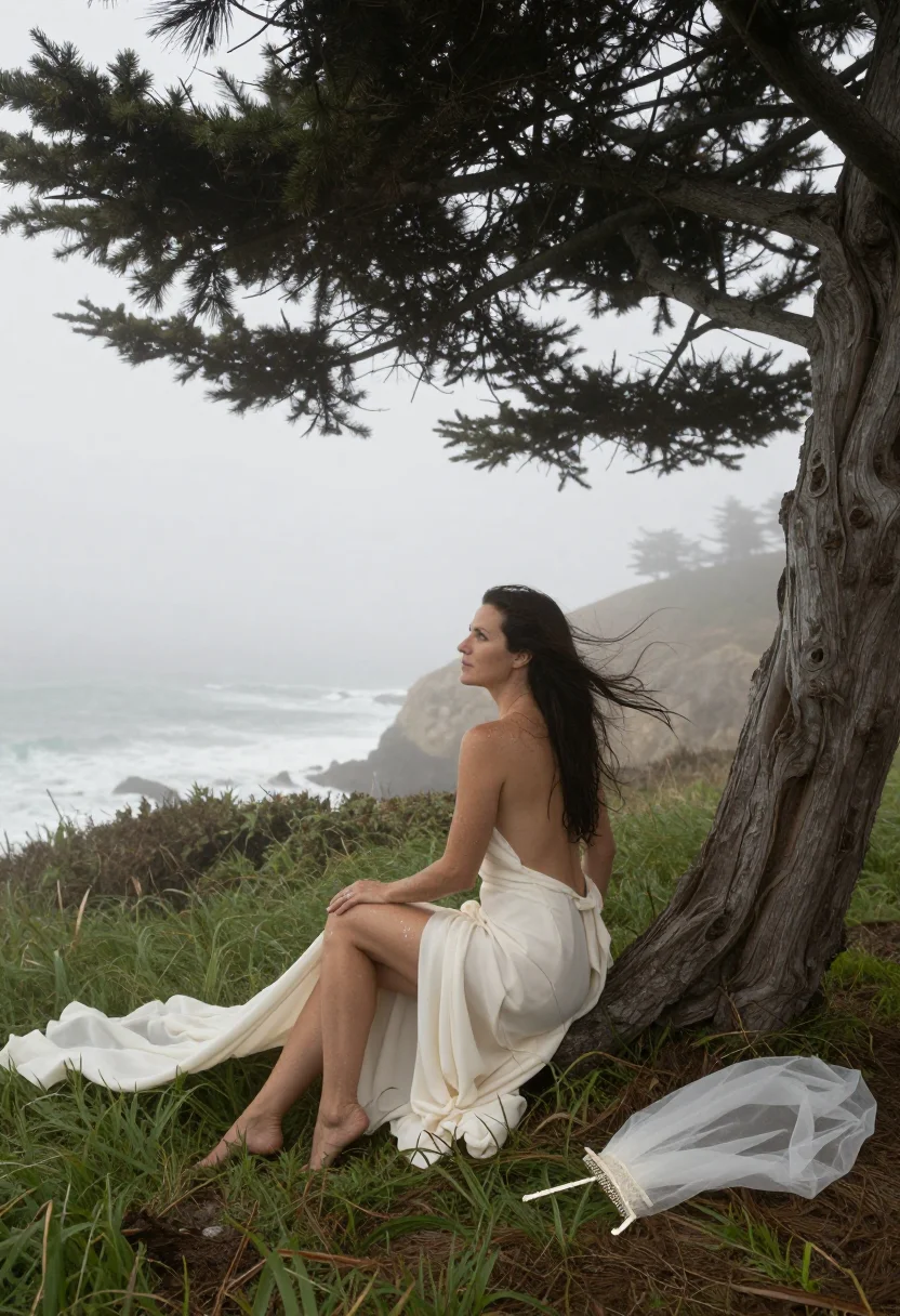 AI elopement cliff sample — photograph of a woman, full-length side view of an adult woman in the wet grass