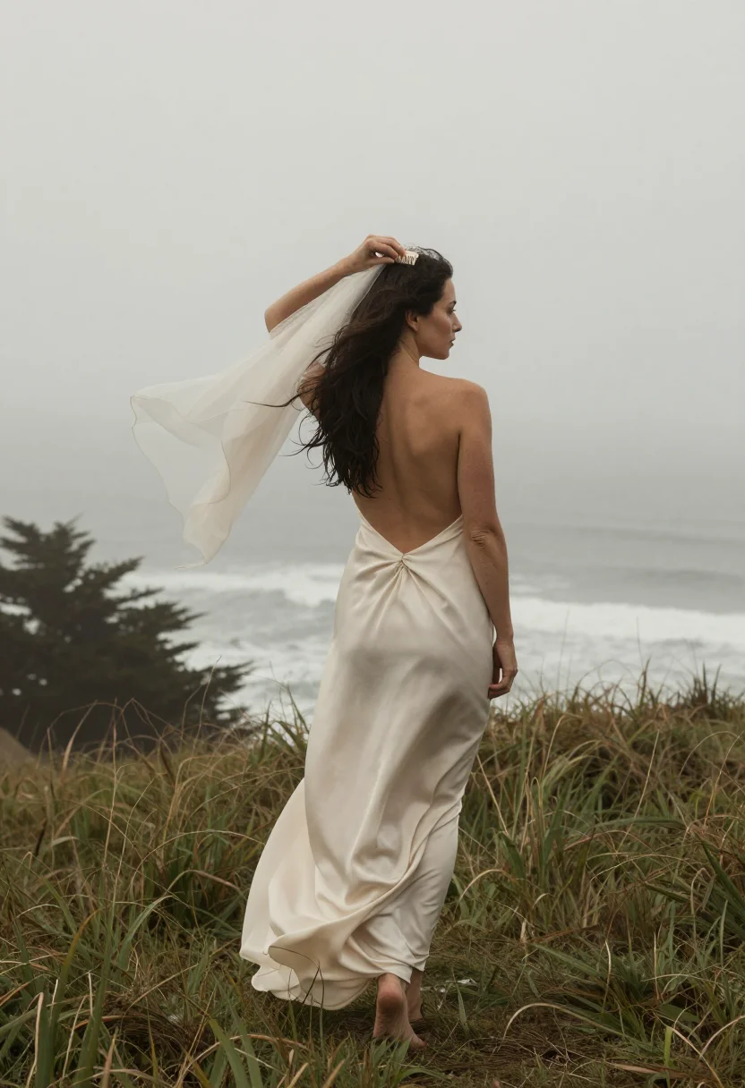 AI elopement cliff sample — photograph of a woman, full-length rear view of an adult woman by the cypress
