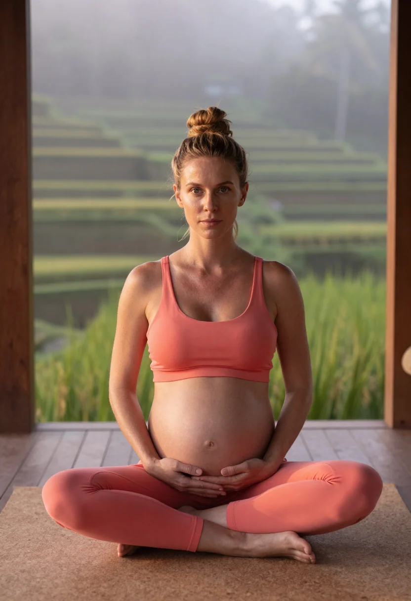 AI expecting yoga dawn sample — photograph of a woman, half-length frontal photograph in the pavilion