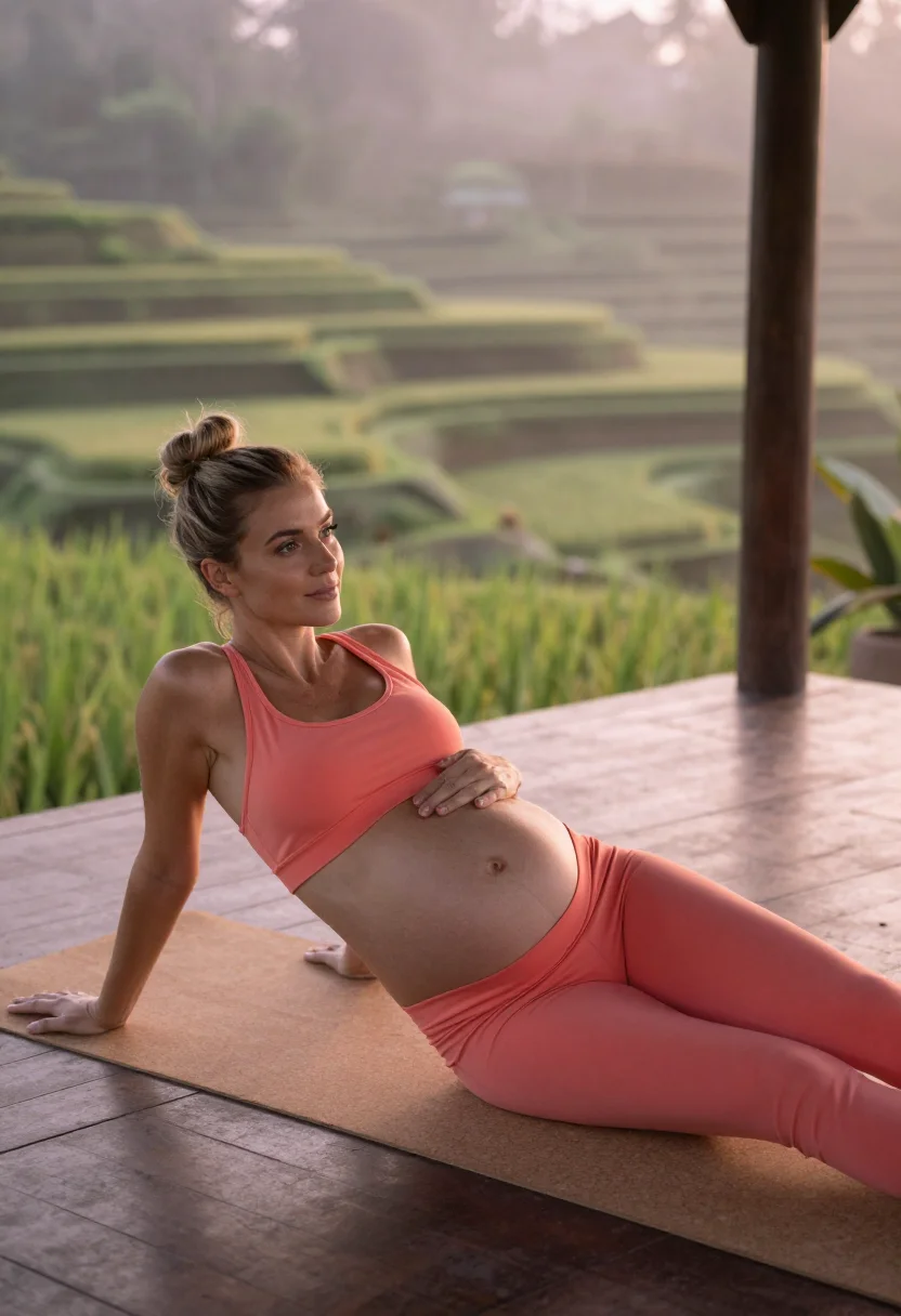 AI expecting yoga dawn sample — photograph of a woman, three-quarter photograph from the head end