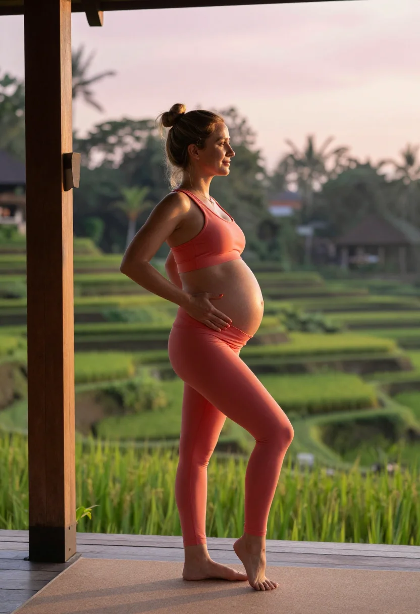 AI expecting yoga dawn sample — photograph of a woman, full-length side-view photograph against the rice fields