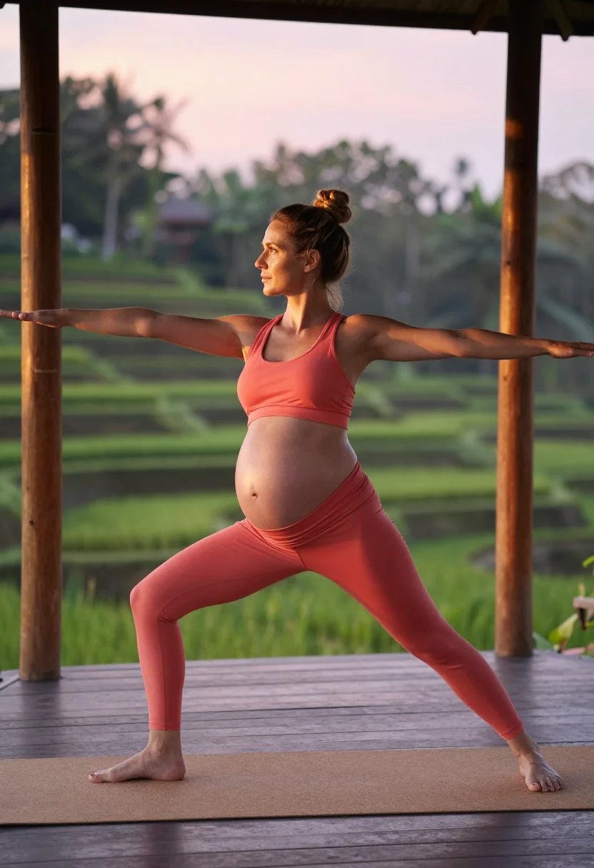AI expecting yoga dawn sample — photograph of a woman, full-length three-quarter photograph on the teak deck