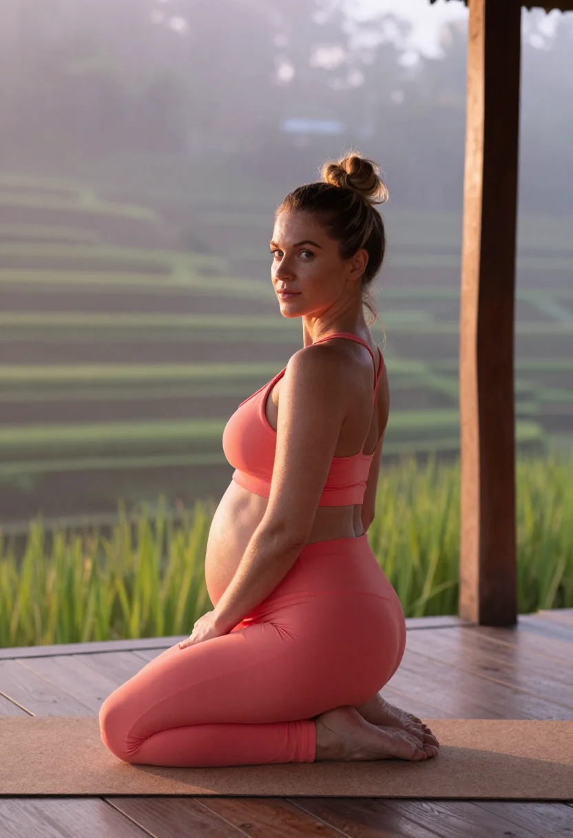 AI expecting yoga dawn sample — photograph of a woman, rear three-quarter photograph of an adult woman at the open side
